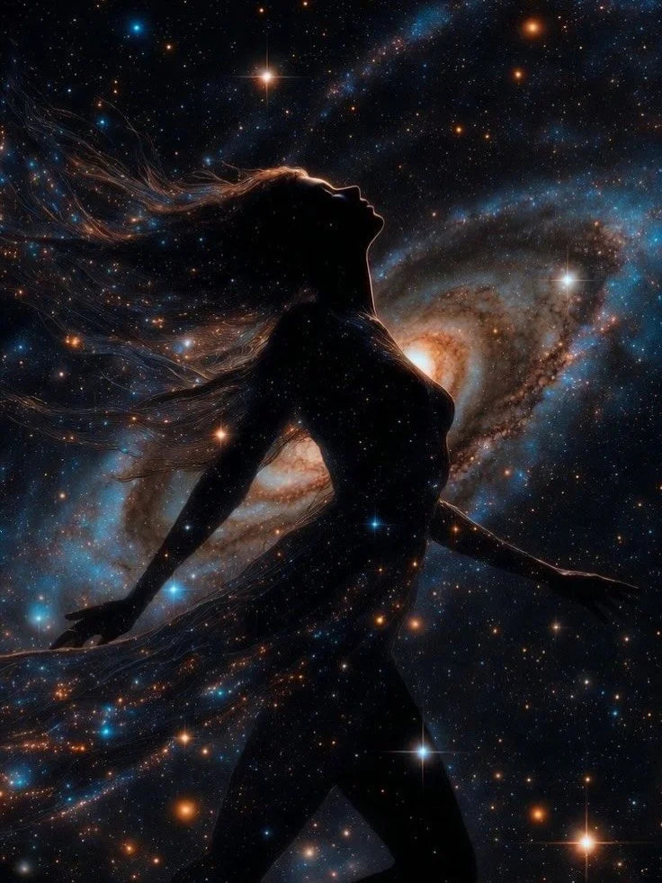 A woman moving through a luminous galaxy
